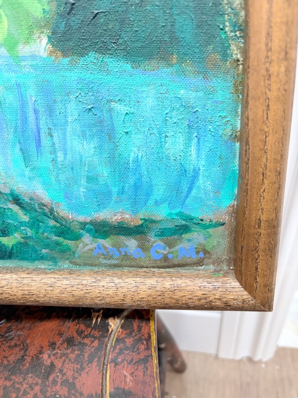 Original Hand Painted Pine Forest Landscape Painting Framed Green Wall Art - Picture 5 of 5
